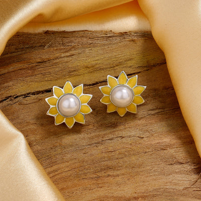 Estele Rhodium Plated Pretty Meenakari Pearl Stud Earrings with Yellow Enamel for Women