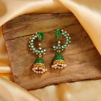 Estele Gold Plated Traditional Meenakari Jhumka Earrings with Green Enamel for Women