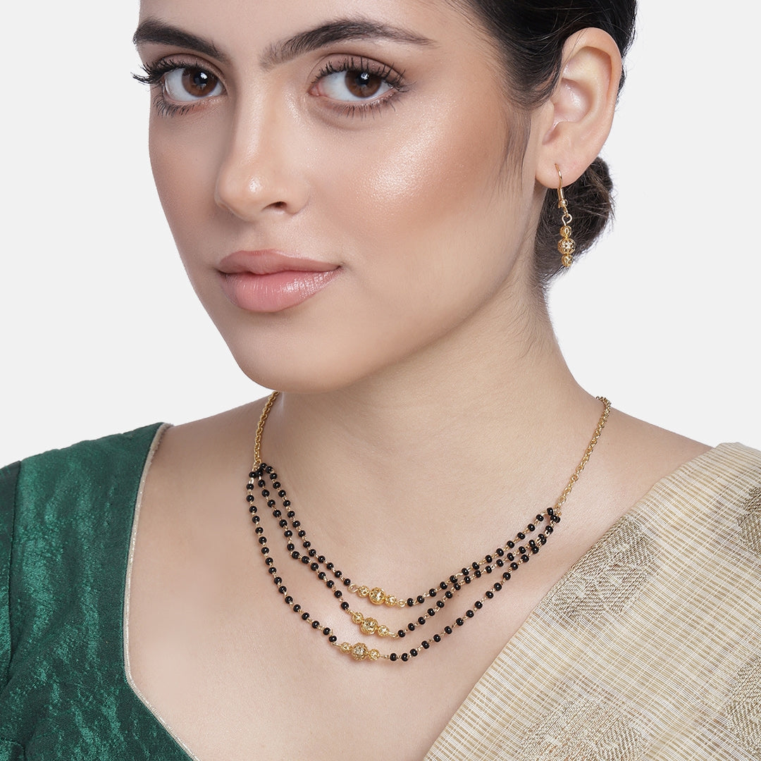 24 Kt Gold Plated Triple Layer Bead Mangalsutra Necklace Set – Estele
