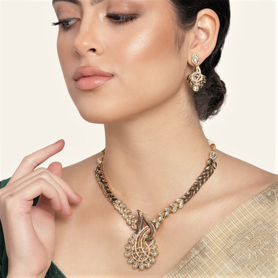 Estele Gold Plated Traditional Antique Kundan Paisley Fern Necklace Set for Women