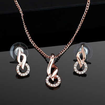 Estele Rosegold Plating Austrian Crystal Flame Ring Shaped Pendant Necklace Set for Women / Girls