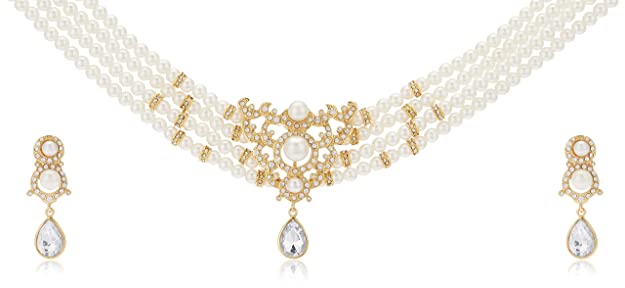 Estele Gold Plated- Elegant Pearl and Diamond Choker Necklace set for Women
