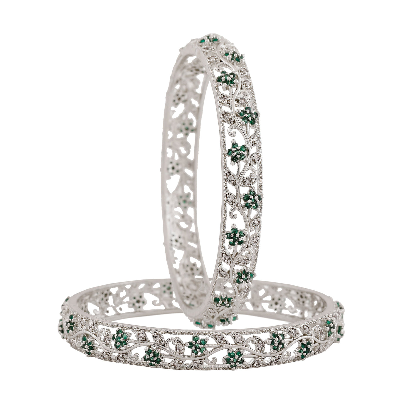 Estele Rhodium Plated CZ Flower Designer Bangles with Green Crystals for Women