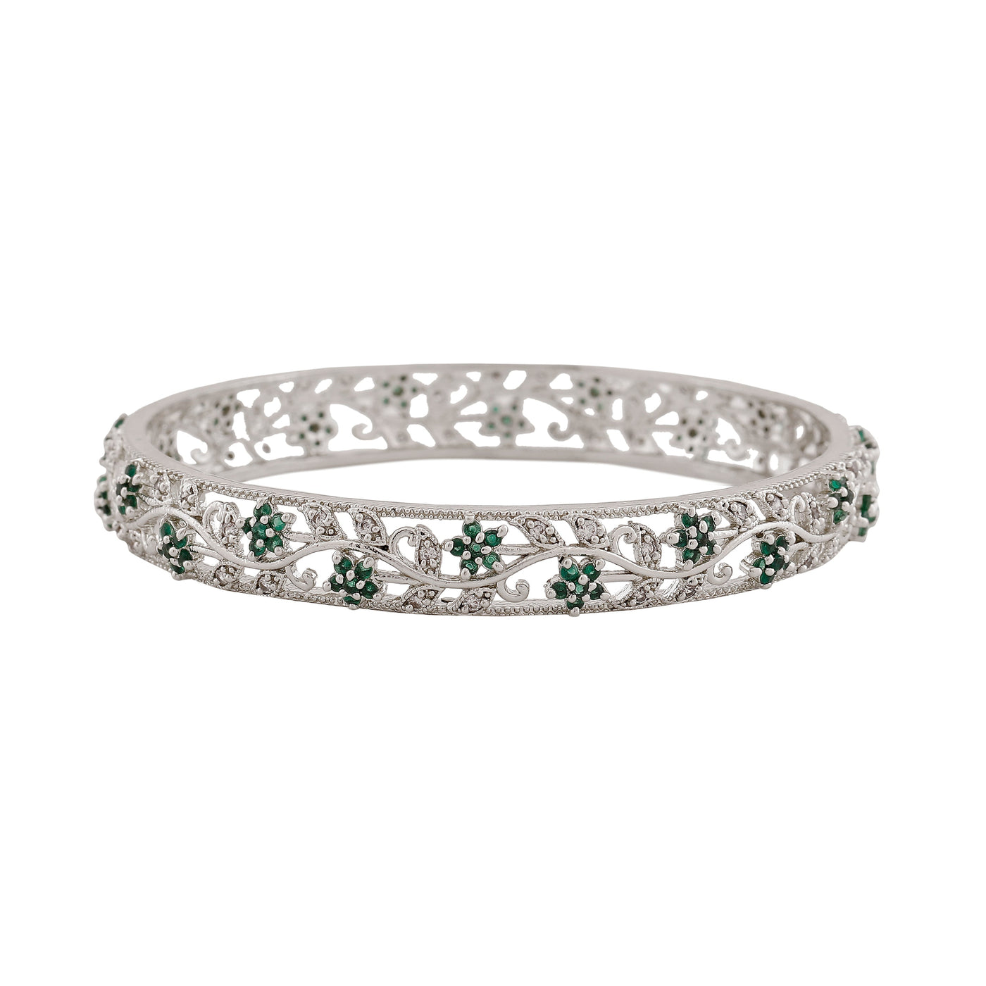 Estele Rhodium Plated CZ Flower Designer Bangles with Green Crystals for Women