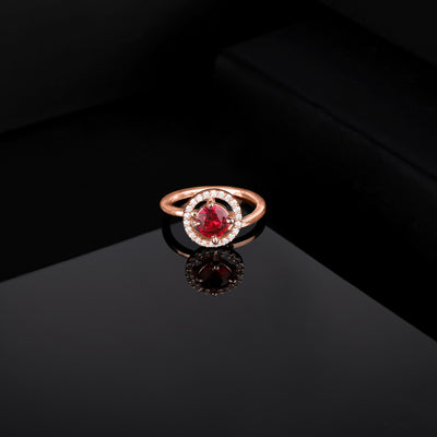 Estele Rose Gold Plated CZ Adjustable Circular Halo Solitaire Ruby Finger Ring for Women