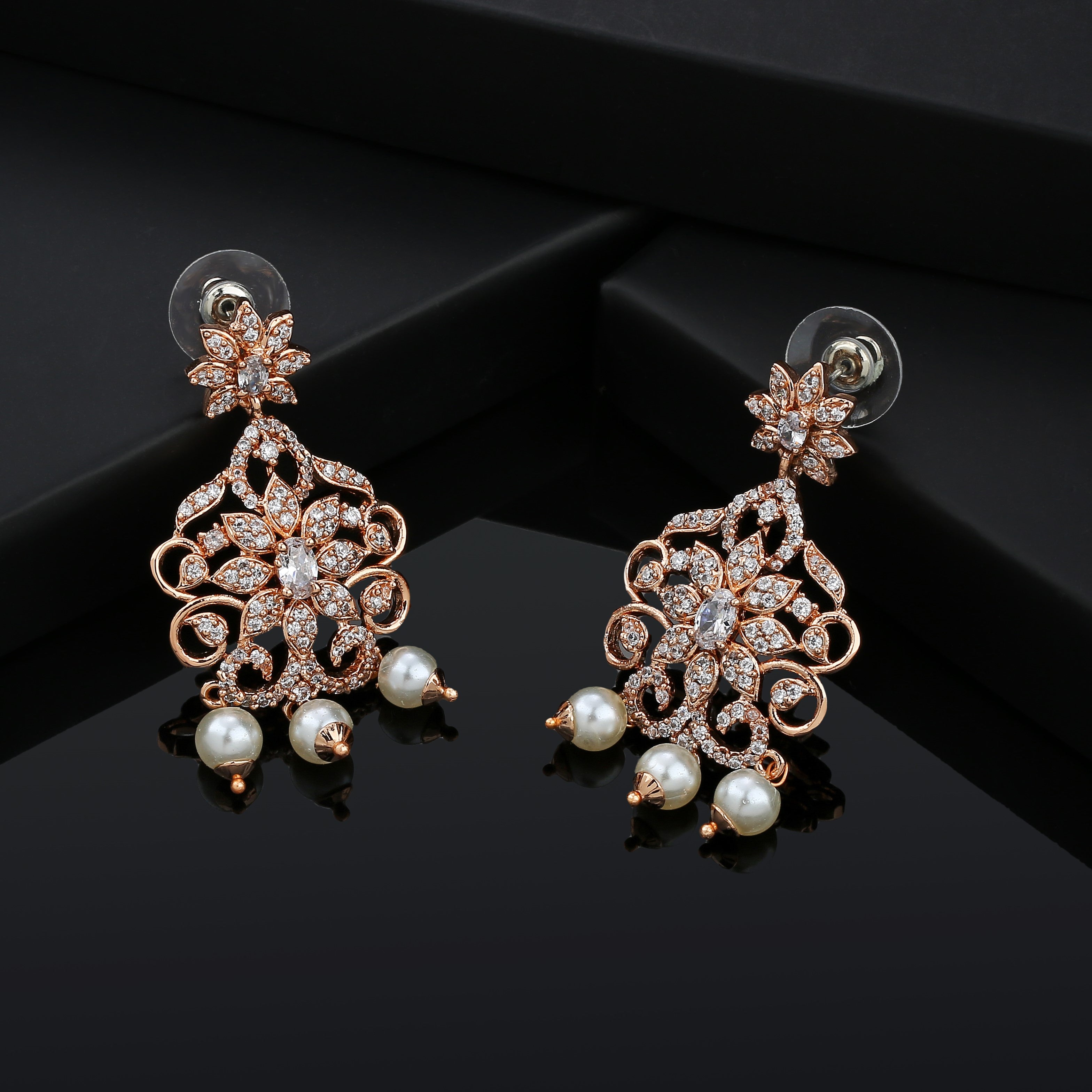 Rhodium Plated Cz Floral Drop Earring With Dangling Pearl For Women