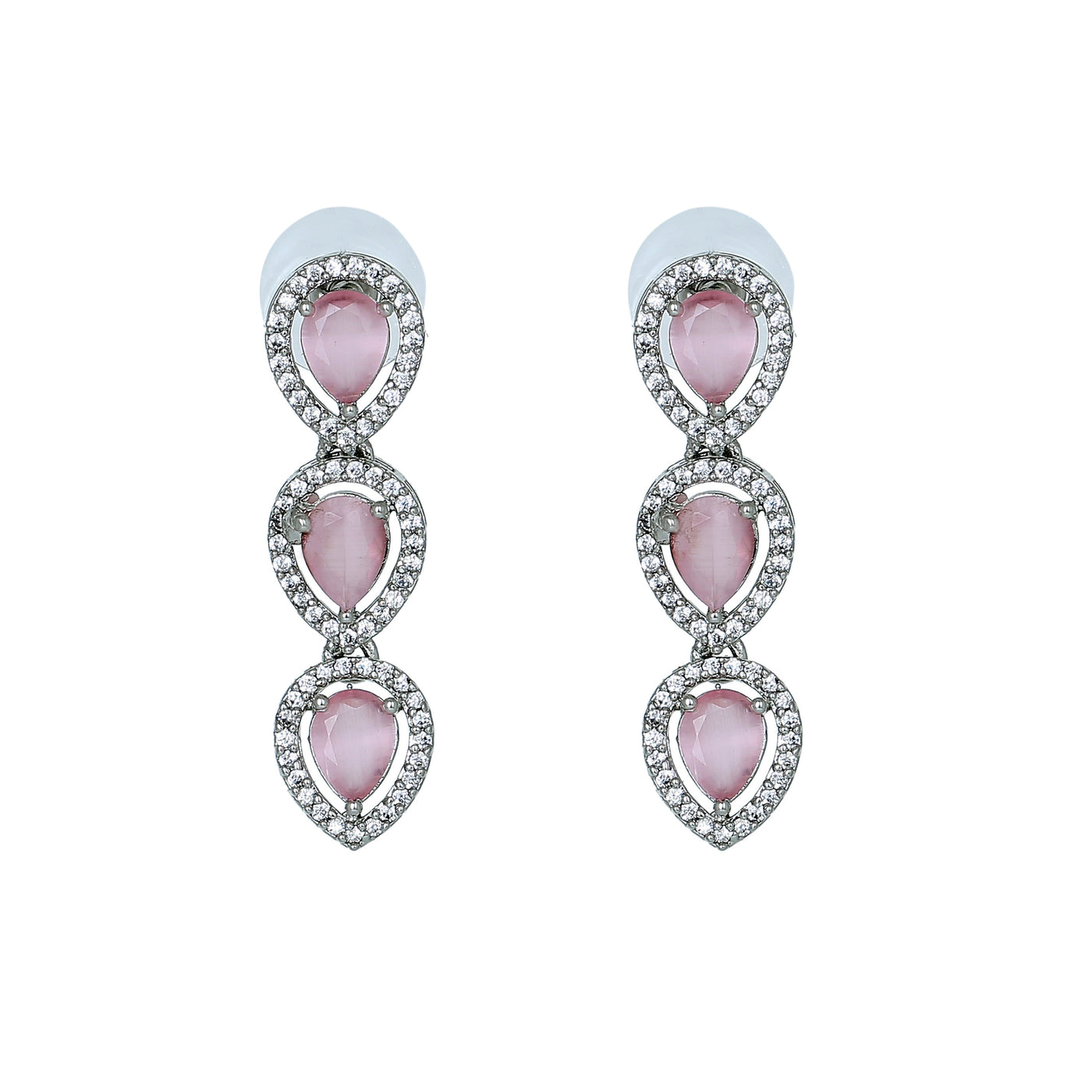 Estele Rhodium Plated CZ Precious Pears Earrings with Mint Pink Stones for Women
