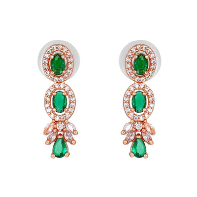 Estele Rose Gold Plated CZ Shimmering Drop Earrings with Green Stones for Women