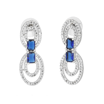 Estele Rhodium Plated CZ Circular Designer Drop Earrings with Blue Stones for Women
