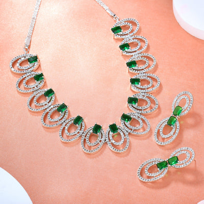 Estele Rhodium Plated CZ Circular Designer Necklace Set with Green Crystals for Women