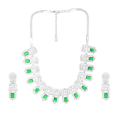Estele Rhodium Plated CZ Shimmering Necklace Set with Green Crystals for Women