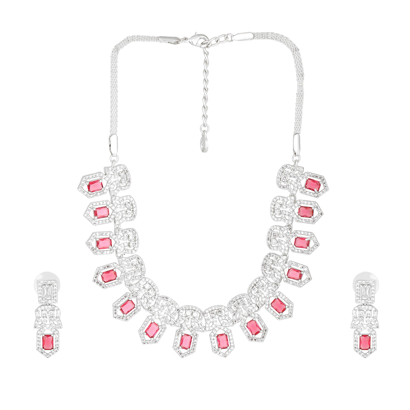 Estele Rhodium Plated CZ Sparkling Necklace Set with Tourmaline Pink Crystals for Women