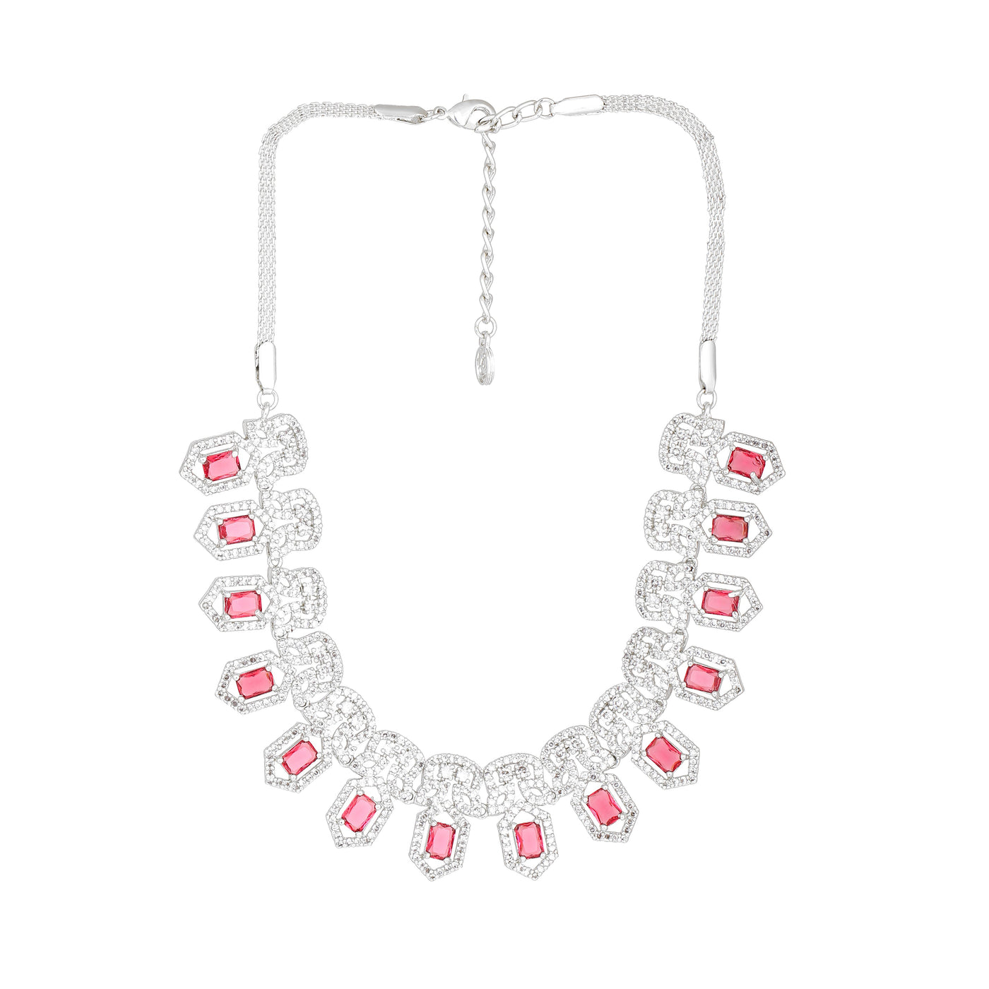 Estele Rhodium Plated CZ Sparkling Necklace Set with Tourmaline Pink Crystals for Women