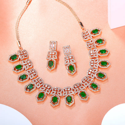 Estele Rose Gold Plated CZ Scintillating Necklace Set with Green Crystals for Women
