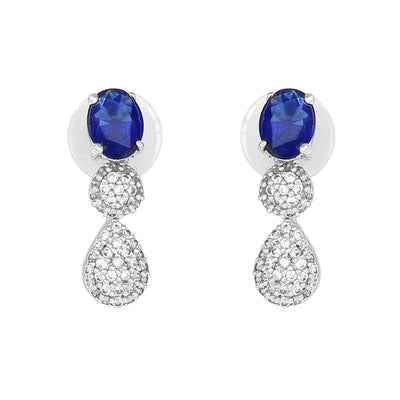 Estele Rhodium Plated CZ Sparkling Drop Earrings with Blue Stones for Women