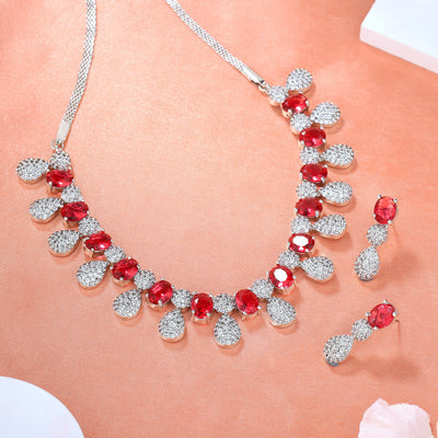 Estele Rhodium Plated CZ Drop Designer Necklace Set with Tourmaline Pink Crystals for Women