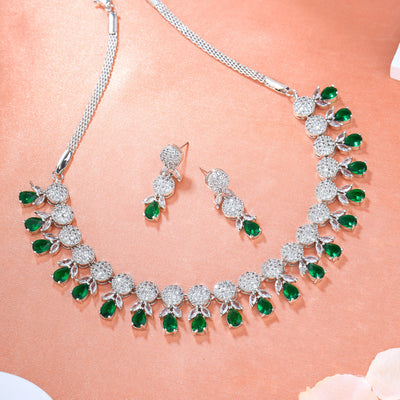 Estele Rhodium Plated CZ Gorgeous Necklace Set with Green Crystals for Women