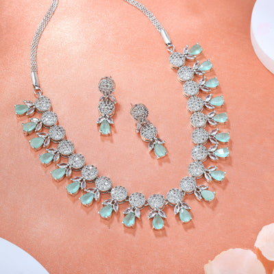 Estele Rhodium Plated CZ Stunning Necklace Set with Mint Green Crystals for Women