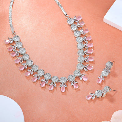 Estele Rhodium Plated CZ Sparkling Necklace Set with Mint Pink Crystals for Women
