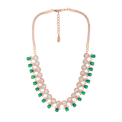 Estele Rose Gold Plated CZ Gorgeous Necklace Set with Green Crystals for Women