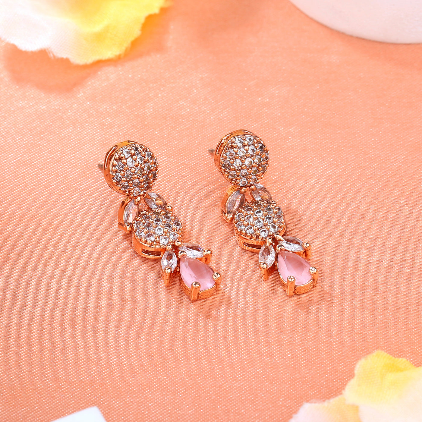 Estele Rose Gold Plated CZ Twinkling Drop Earrings with Mint Pink Stones for Women