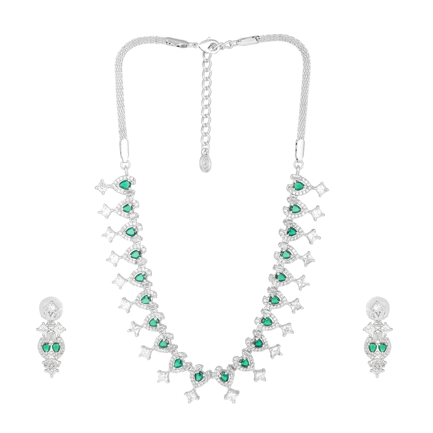 Estele Rhodium Plated CZ Sparkling Necklace Set with Green Crystals for Women