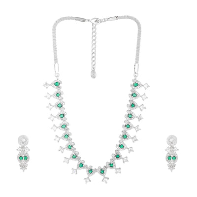 Estele Rhodium Plated CZ Sparkling Necklace Set with Green Crystals for Women