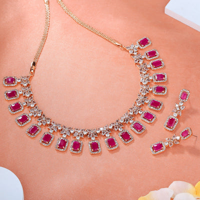Estele Rose Gold Plated CZ Fascinating Necklace Set with Ruby Crystals for Women