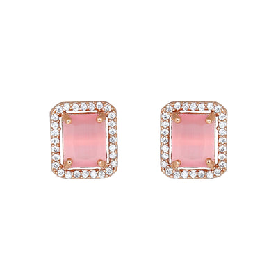 Estele Rose Gold Plated CZ Square Designer Stud Earrings with Mint Pink Stones for Women