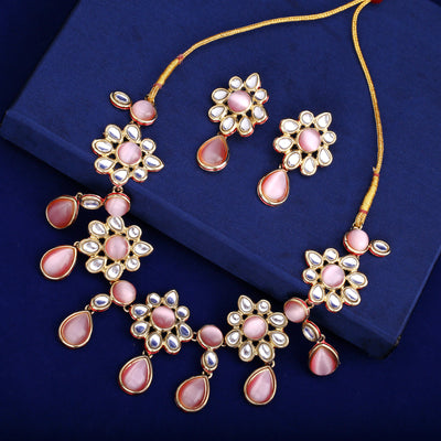 Estele Gold Plated Floral Designer Kundan Necklace Set for Women