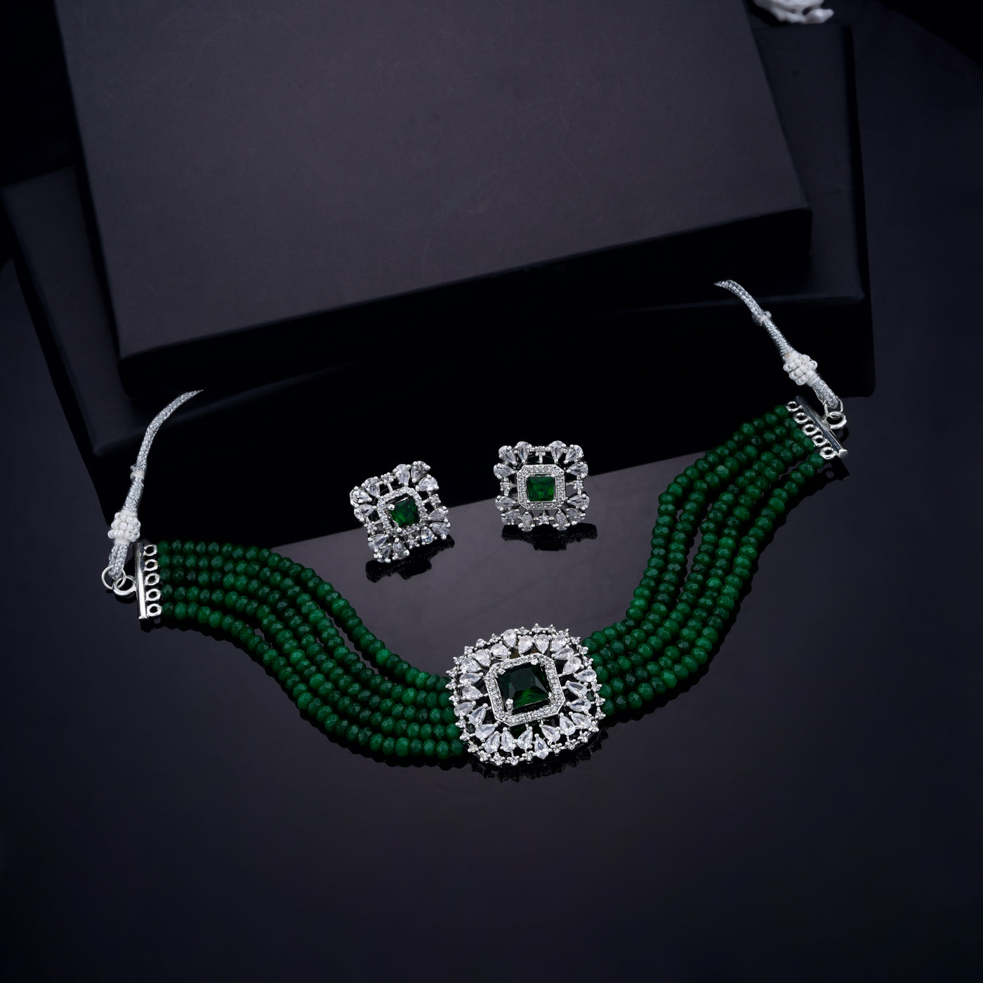 Estele - Emerald Diamond and Emerald Beads Choker Square Necklace Set (one piece)