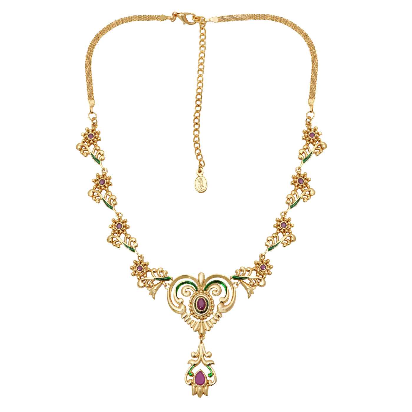 Estele Gold plated Traditional Peepal Necklace Set with Ruby & Enamel for Women