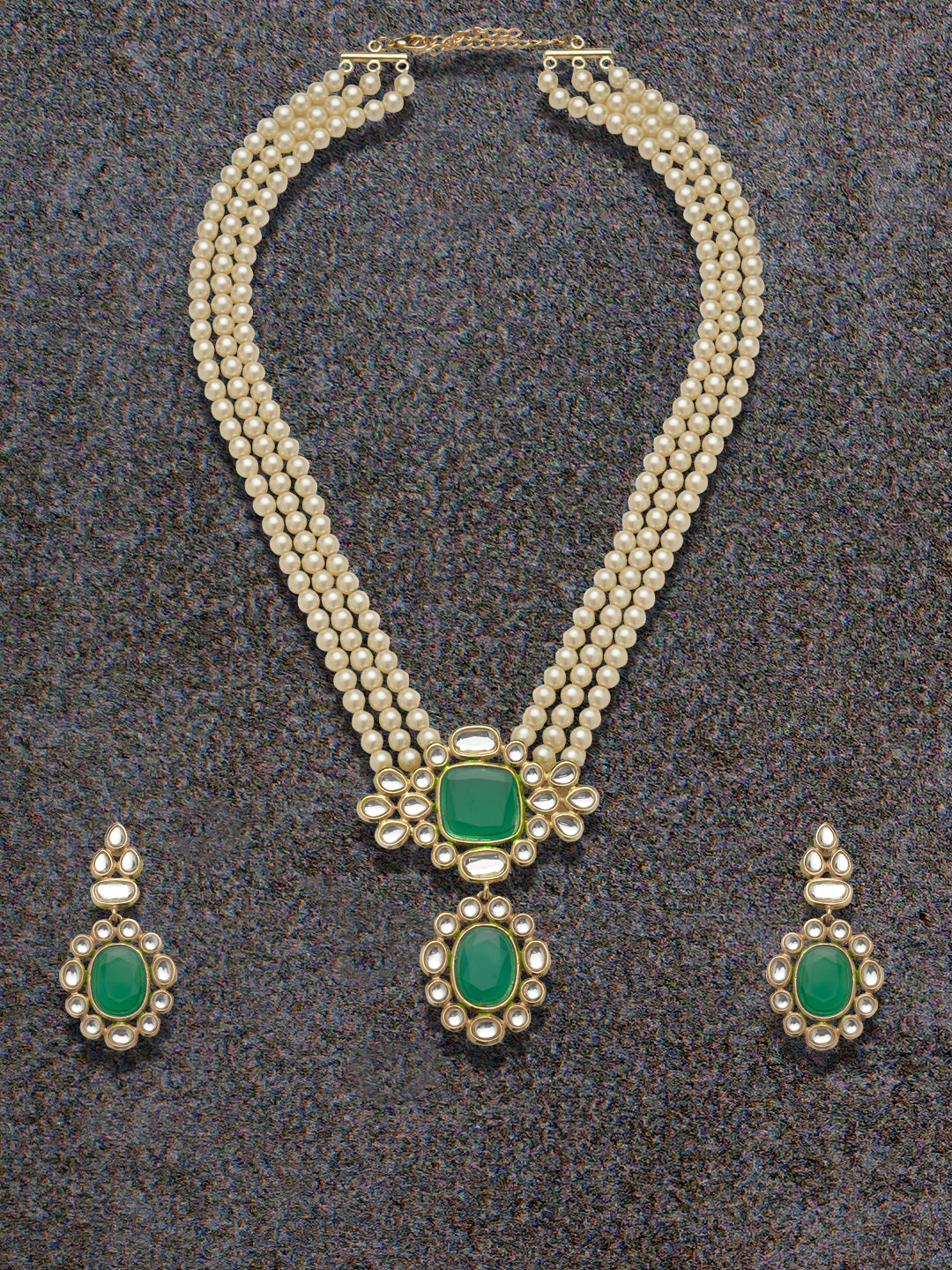 Estele Gold Plated Shimmiring Mirror Kundan Long Haar Jewellery set with Pearl for Women