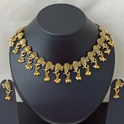 Estele Gold Plated Antique Streamlined Elephant Designer Choker Necklace set with Glowing Pearls for Women
