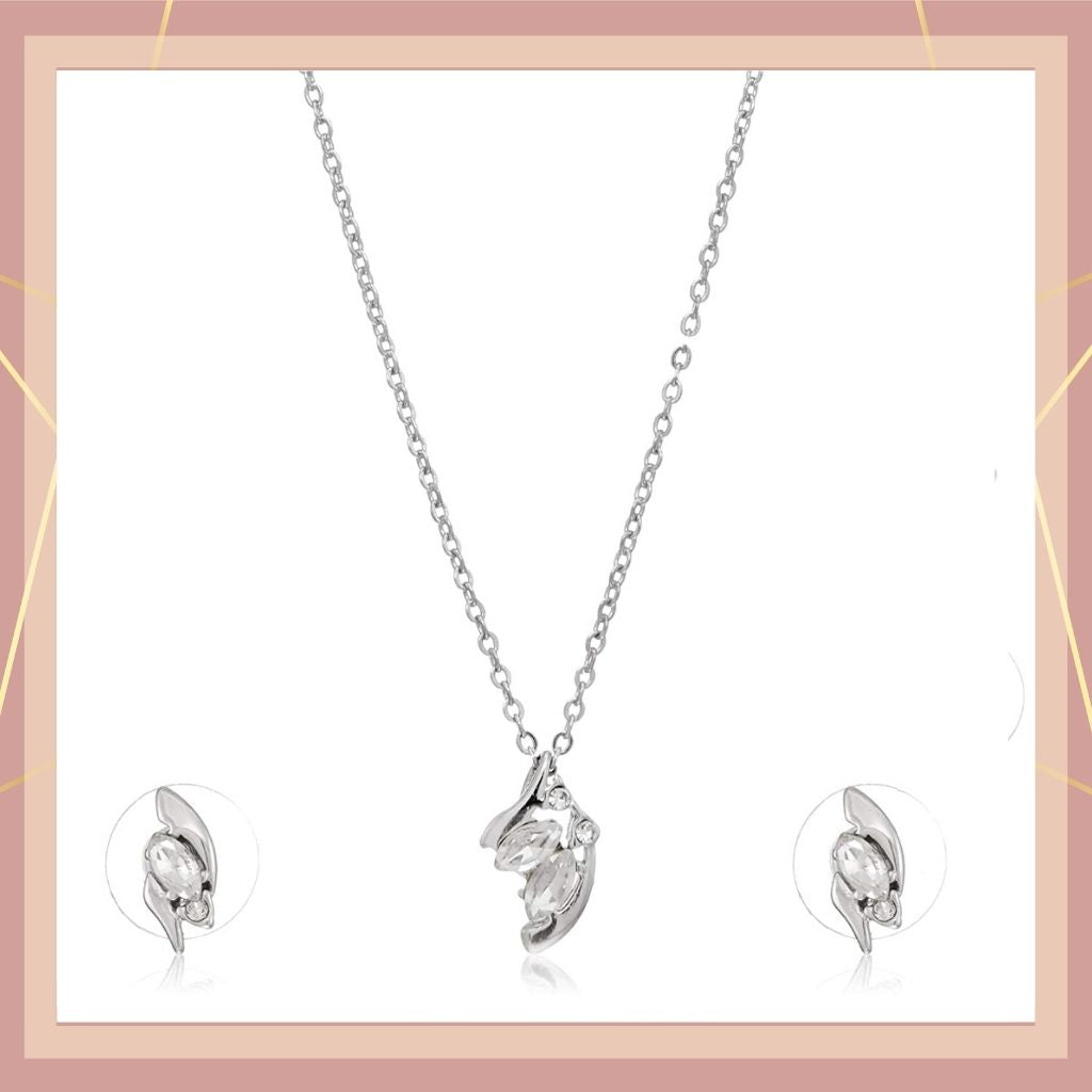 Estele Rhodium Plated with White Baguette Austrian Crystals Necklace Set for Women
