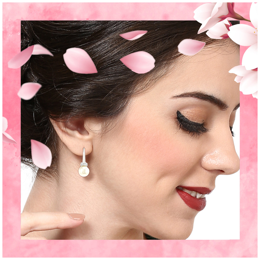 Estele Rhodium Plated CZ Pearl Drop Hoop Earrings for Women