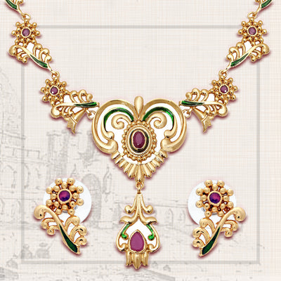Estele Gold plated Traditional Peepal Necklace Set with Ruby & Enamel for Women