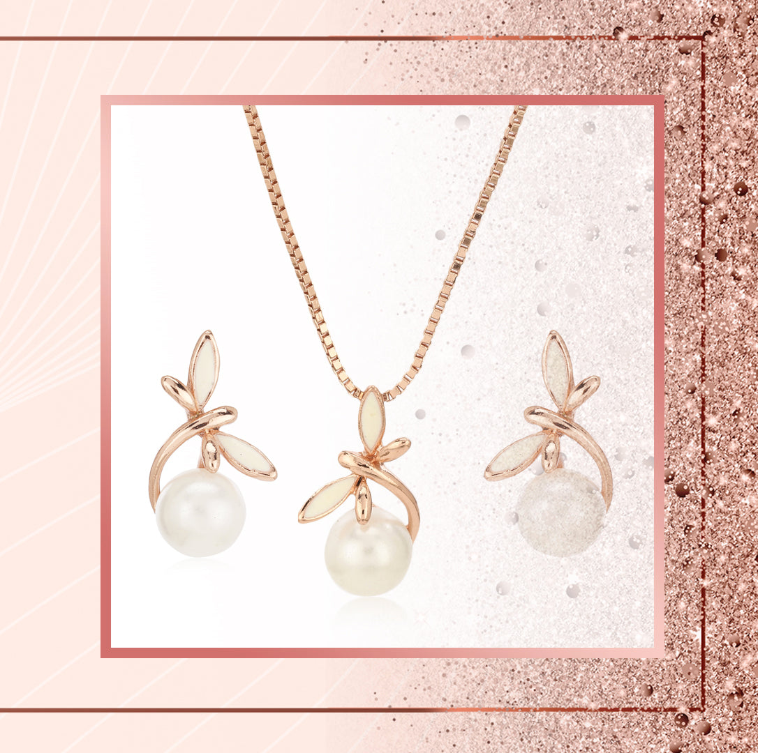 Estele Rose Gold Plated Lovely Pendent Set with Pearl & Enamel for Women