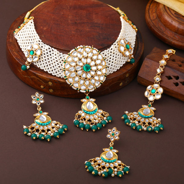 Traditional Green Polki Choker Necklace Set with Tikka – Festive Occasions– OSSP-0793-IGGN NKER