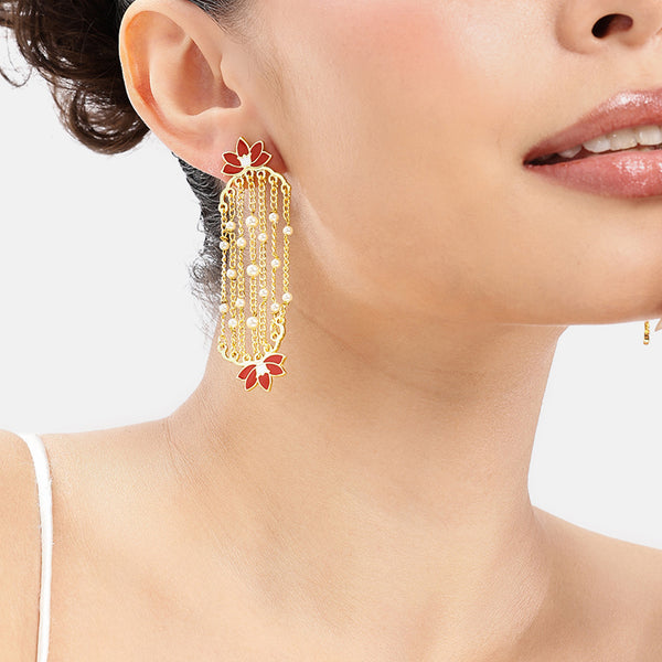 Lotus Enamel Pearl Tassel Earrings