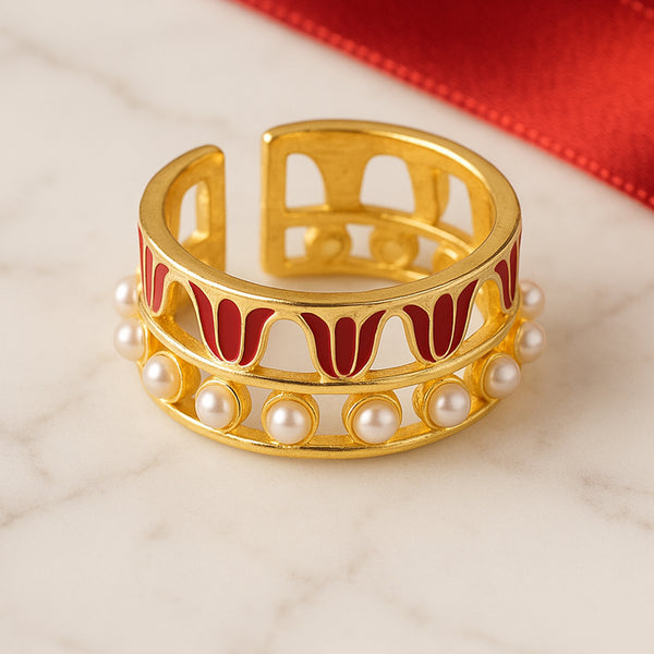 Wide Band Lotus Pearl Ring