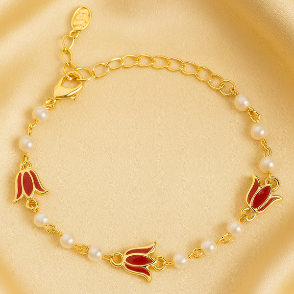 Red Lotus Pearl Charm Bracelet
