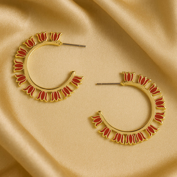 Chic Red Lotus Enamel Hoops