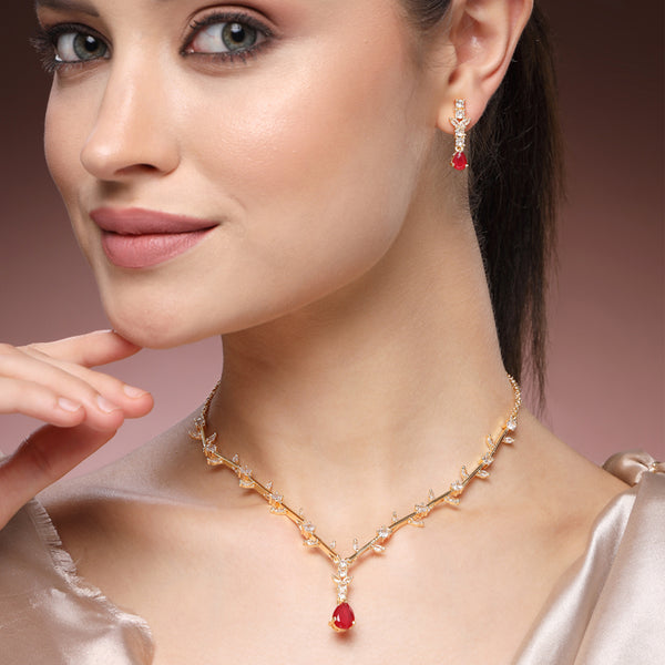 Exquisite Regal Gold Finish Ruby American Diamond Teardrop Necklace Set – Lightweight Majestic Jewelry for Bridesmaids & Cocktail Parties