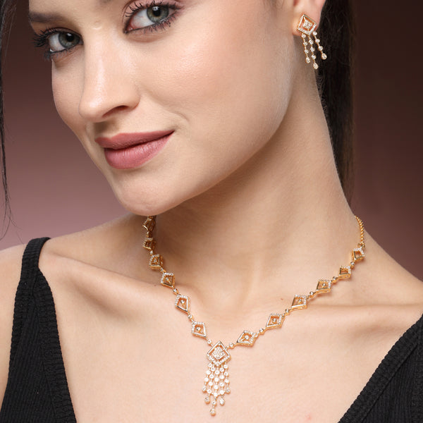 Opulent Flow: Gold Plated American Diamond Chandelier Vine Necklace Set – Chic Lightweight Jewelry for Engagements & Festive Gatherings