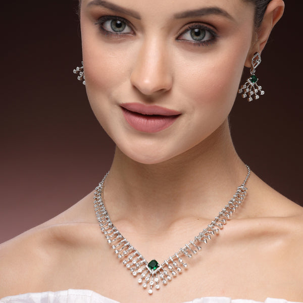 Lavish Glow: Rhodium Plated Green American Diamond Fringe Necklace Set – Timeless Elegant Jewelry for Weddings & Anniversary Celebrations