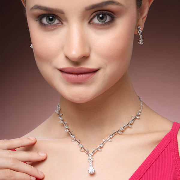 Elegant Rhodium Plated White American Diamond Vine Design Necklace Set – Timeless Lightweight Jewelry for Bridesmaids & Receptions
