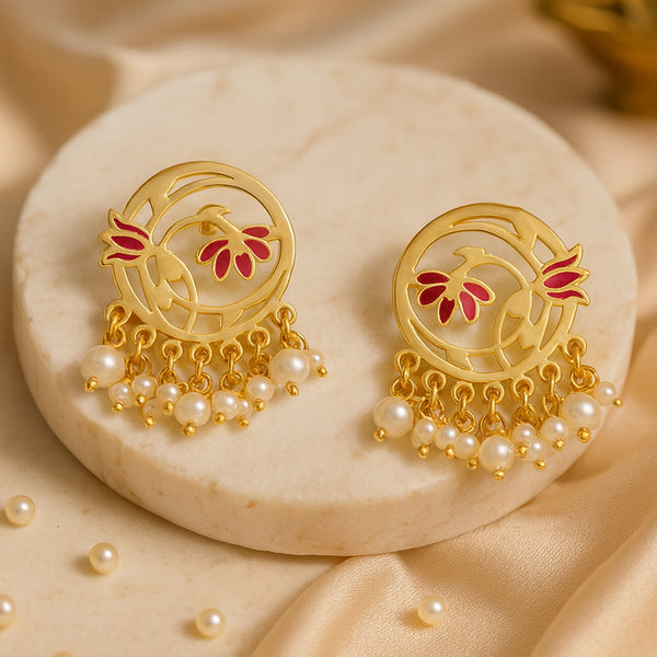 Red Lotus Cutwork Pearl Earrings