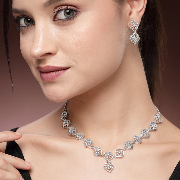 Radiant Rhodium Plated American Diamond Geometric Floral Necklace Set – Timeless Lightweight Jewelry for Weddings & Grand Occasions