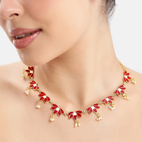 Red Lotus Pearl Motif Necklace